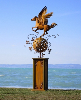 Rusty Horse with wings sculpture on pillar