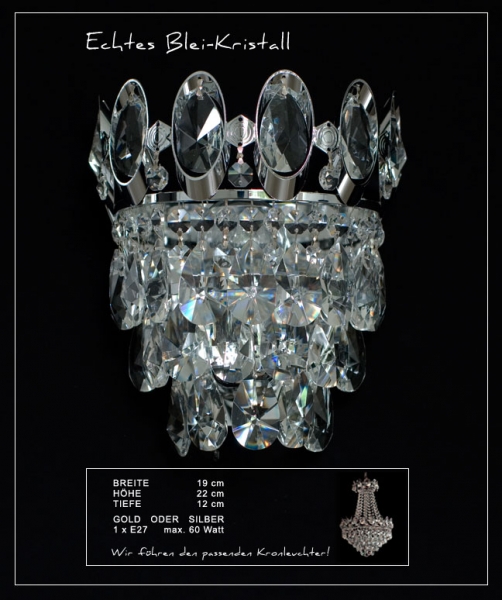 Wall light with real lead crystals, available in gold or silver. Matching chandelier available.