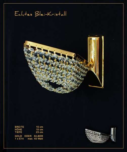 Wall light with real lead crystals, available in gold or silver. Matching chandelier available.