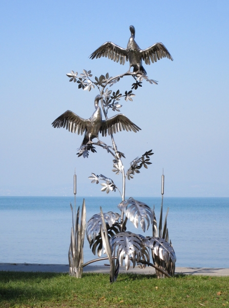 Cormorant pair stainless steel garden sculpture