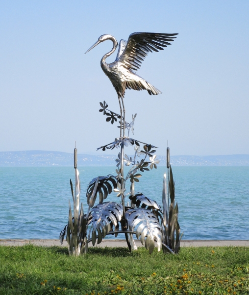 XXL Heron on tree garden sculpture stainless steel